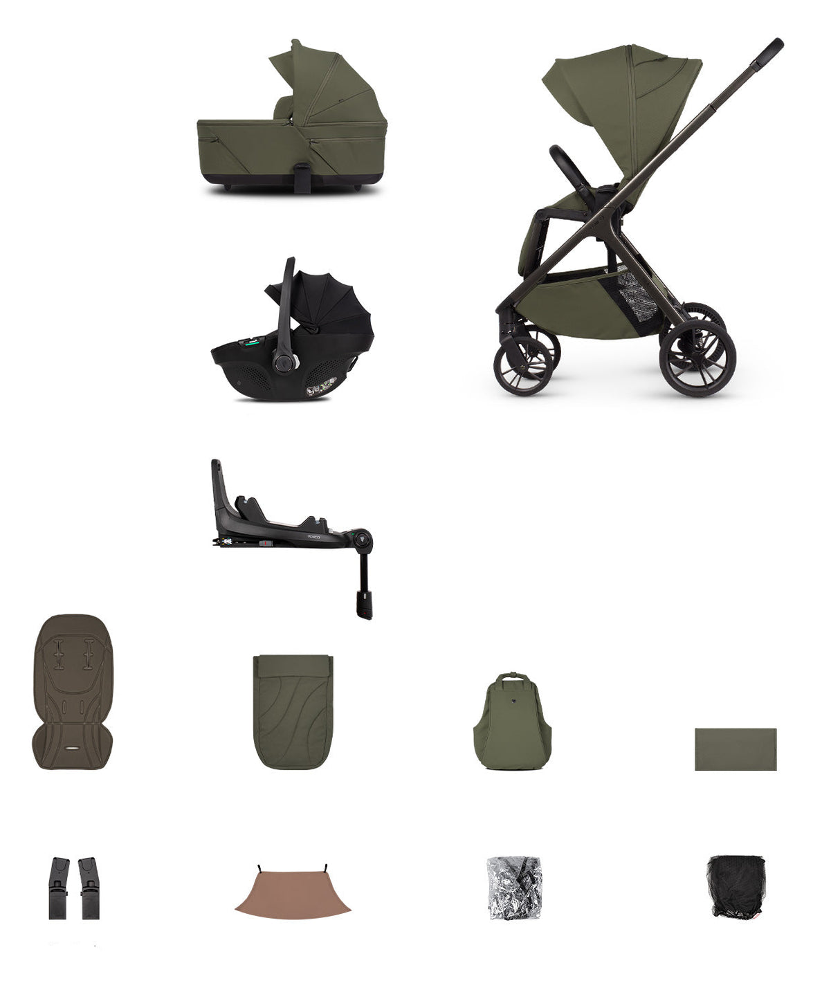 Venicci Tila Travel System with Accessories and Tiago Car Seat & ISOFIX Base - Olive