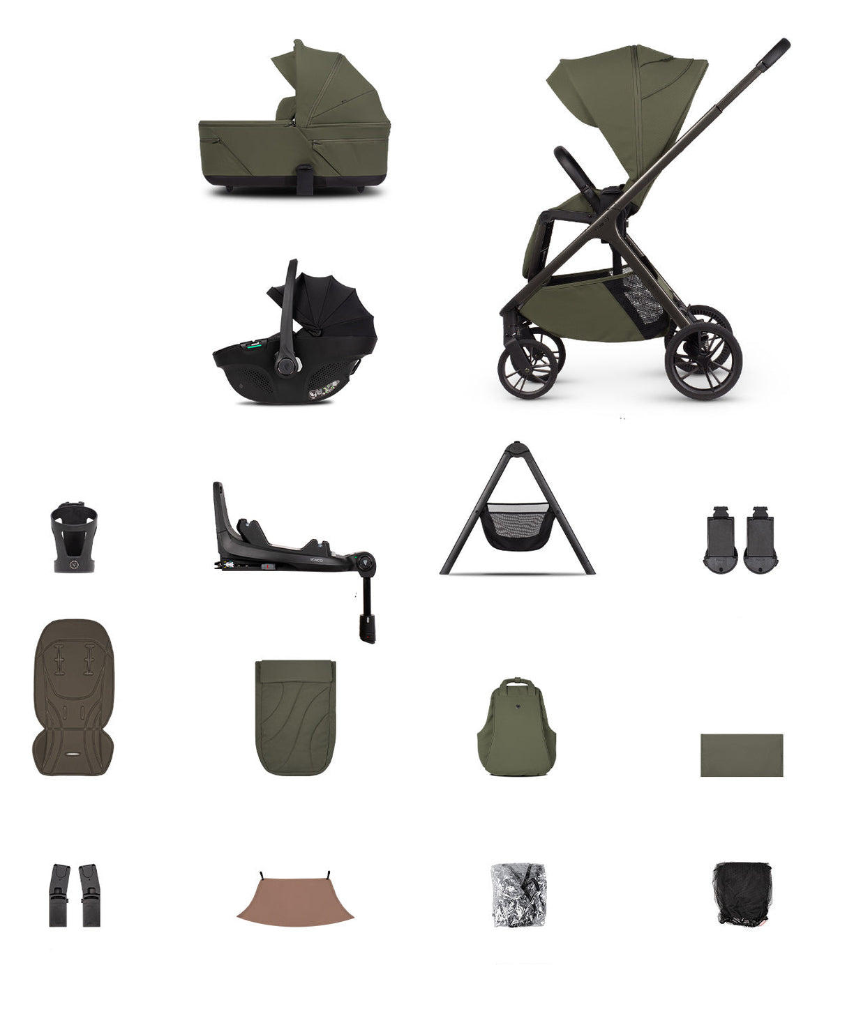 Venicci Tila Ultimate Travel System with Accessories and Tiago Car Seat & ISOFIX Base - Olive