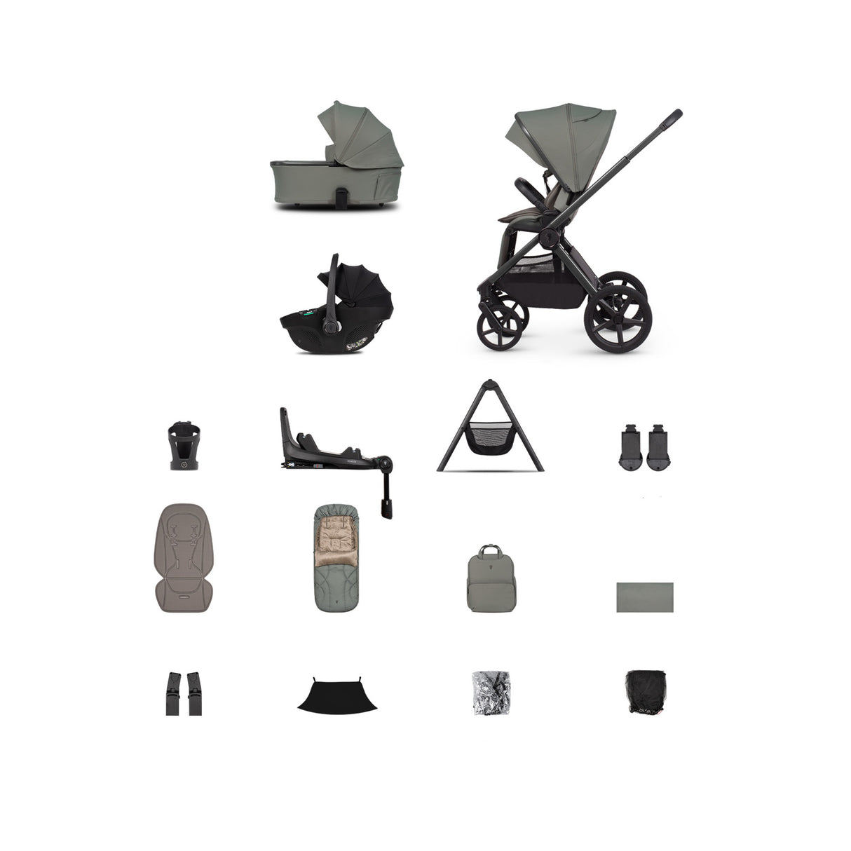 Venicci Upline 3 Ultimate Travel System with Accessories, Tiago Car Seat & ISOFIX Base - Aloe