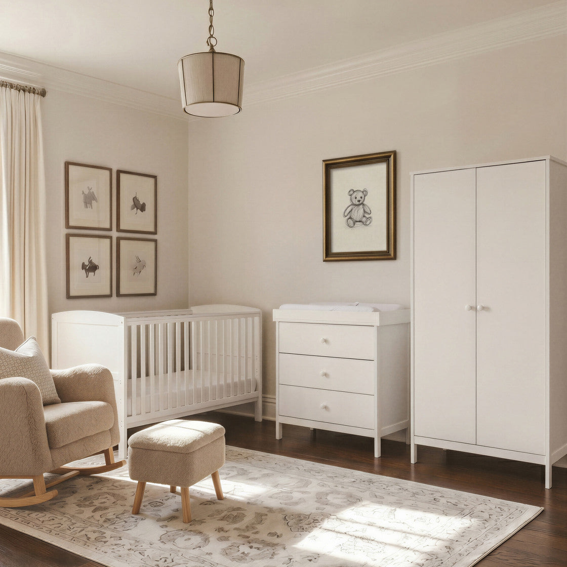 Bebe & Beyond Dreamer Cot Bed, Wardrobe & Changer Three Piece Nursery Furniture Set - White 2