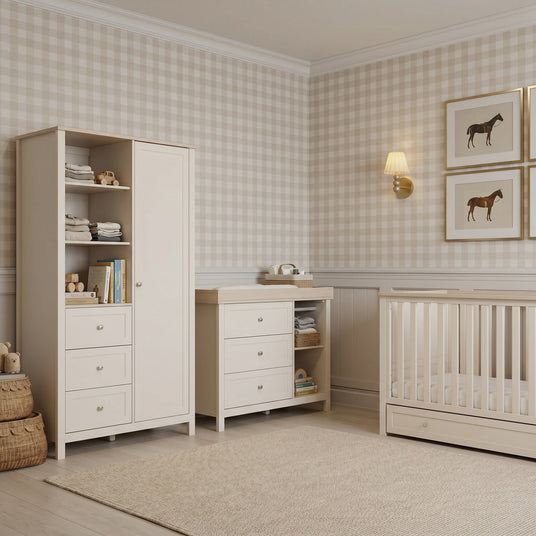 Bebe & Beyond Wanderer Cot Bed, Wardrobe & Dresser 3 Piece Nursery Furniture Set - Cashmere & Oak 3