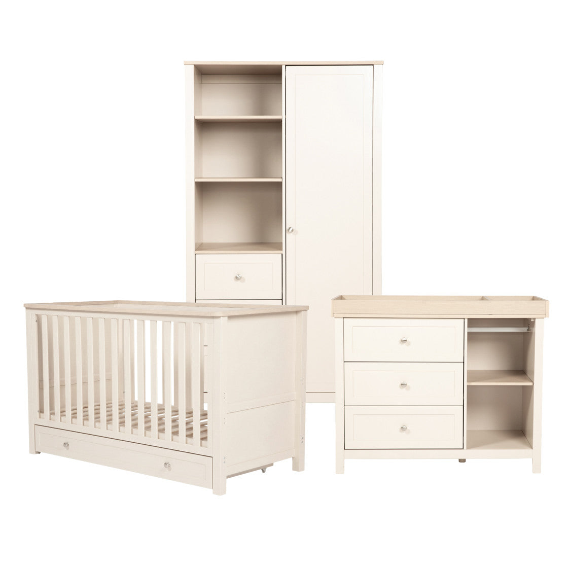 Bebe & Beyond Wanderer Cot Bed, Wardrobe & Dresser 3 Piece Nursery Furniture Set - Cashmere & Oak 5