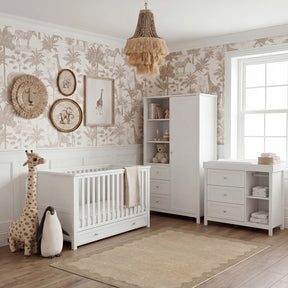 Bebe & Beyond Wanderer Cot Bed, Wardrobe & Dresser 3 Piece Nursery Furniture Set - White 1