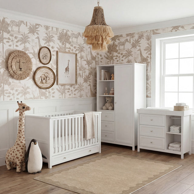 Bebe & Beyond Wanderer Cot Bed, Wardrobe & Dresser 3 Piece Nursery Furniture Set - White 1