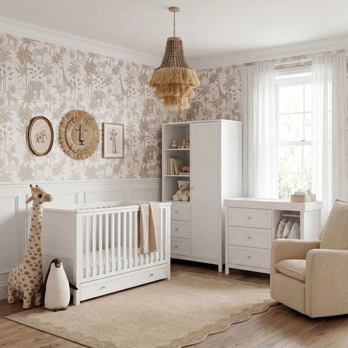 Bebe & Beyond Wanderer Cot Bed, Wardrobe & Dresser 3 Piece Nursery Furniture Set - White 2