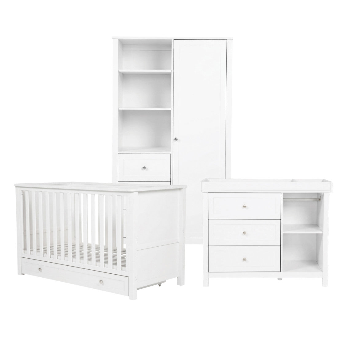 Bebe & Beyond Wanderer Cot Bed, Wardrobe & Dresser 3 Piece Nursery Furniture Set - White 5