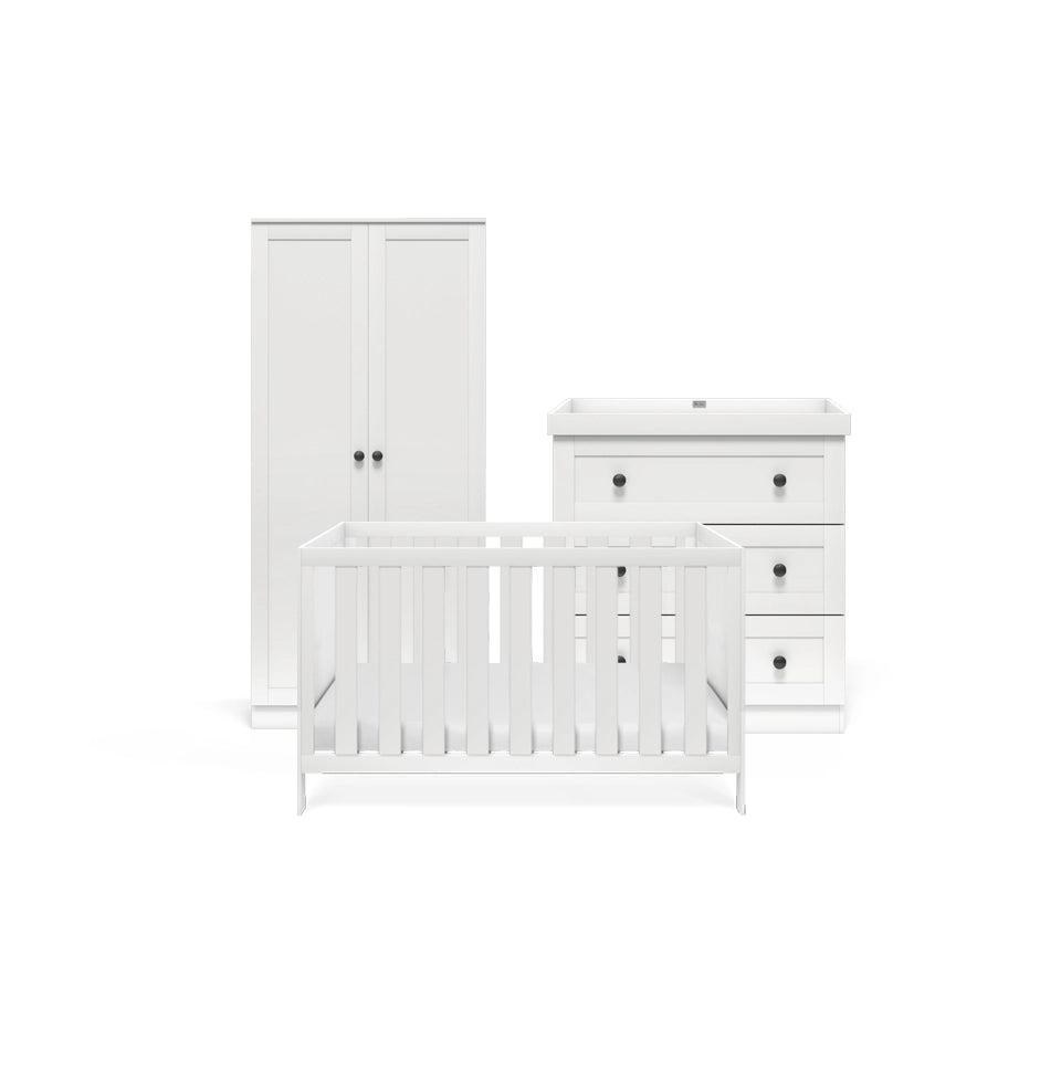 Bromley 3 Piece Nursery Furniture Set Convertible Cot to Bed Dresser & Wardrobe