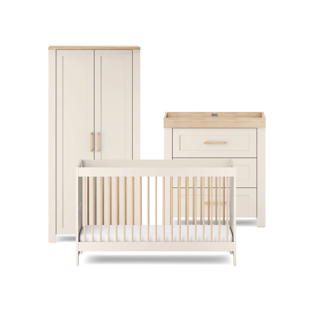 Seville 3 Piece Nursery Furniture Set Convertible Cot to Bed Dresser & Double Wardrobe