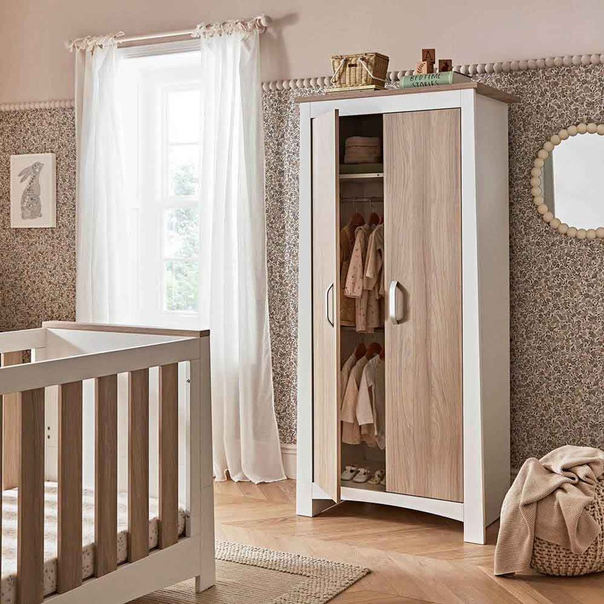 CuddleCo Ada 3 Piece Nursery Furniture Set with Cot Bed, Dresser and Wardrobe - White & Ash