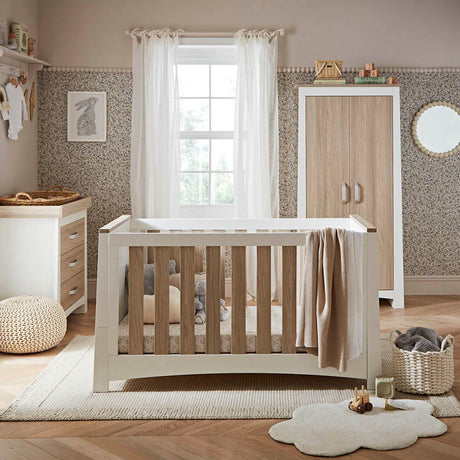 CuddleCo Ada 3 Piece Nursery Furniture Set with Cot Bed, Dresser and Wardrobe - White & Ash