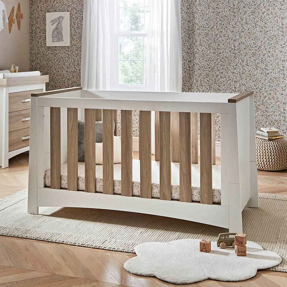 CuddleCo Ada 3 Piece Nursery Furniture Set with Cot Bed, Dresser and Wardrobe - White & Ash