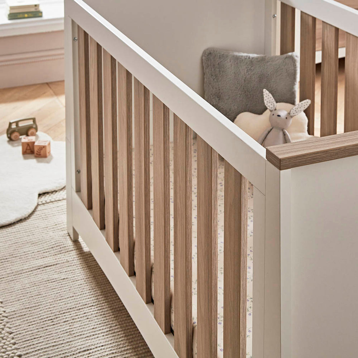 CuddleCo Ada 3 Piece Nursery Furniture Set with Cot Bed, Dresser and Wardrobe - White & Ash