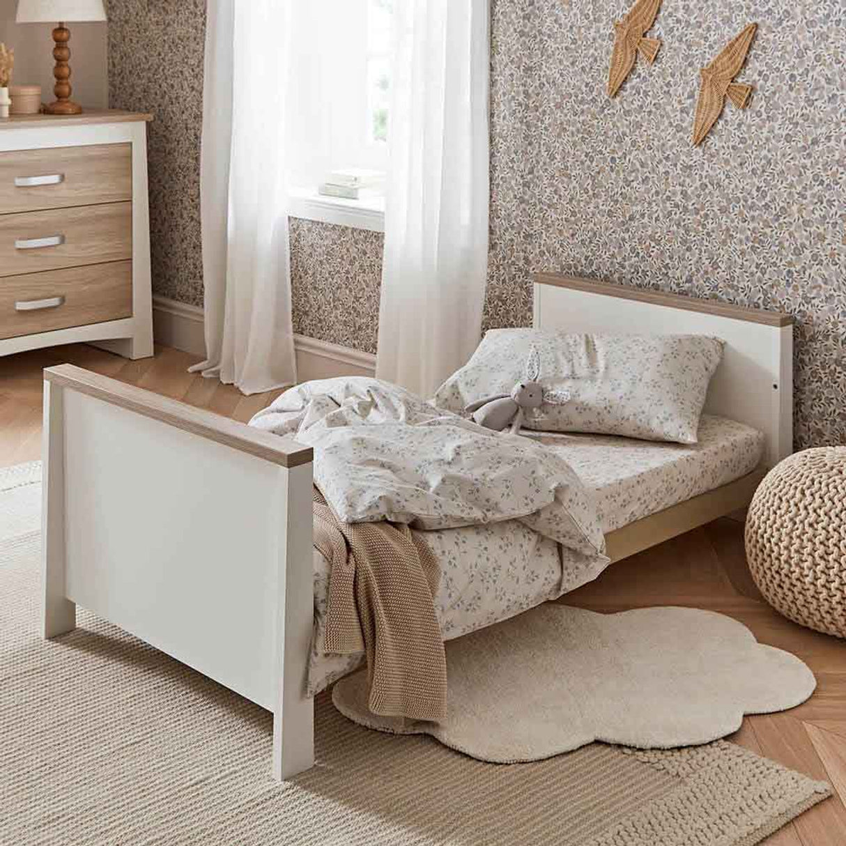 CuddleCo Ada 3 Piece Nursery Furniture Set with Cot Bed, Dresser and Wardrobe - White & Ash