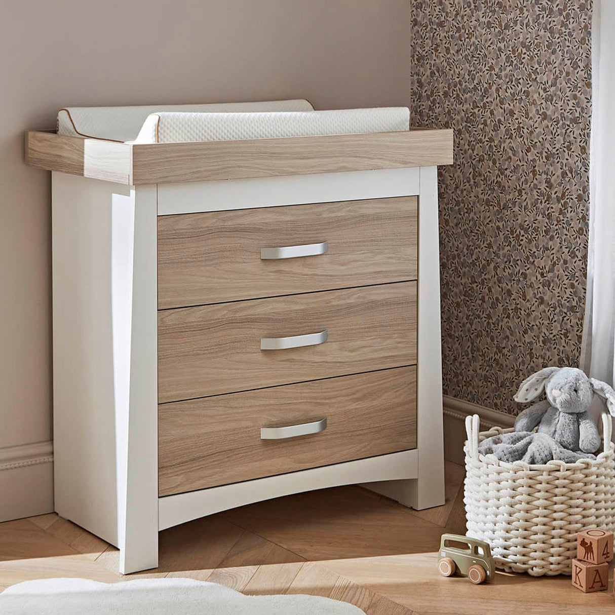 CuddleCo Ada 3 Piece Nursery Furniture Set with Cot Bed, Dresser and Wardrobe - White & Ash