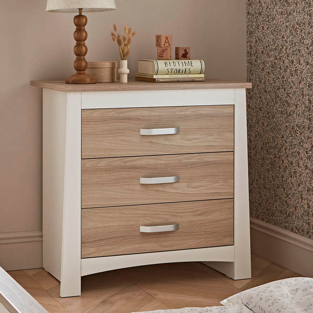 CuddleCo Ada 3 Piece Nursery Furniture Set with Cot Bed, Dresser and Wardrobe - White & Ash