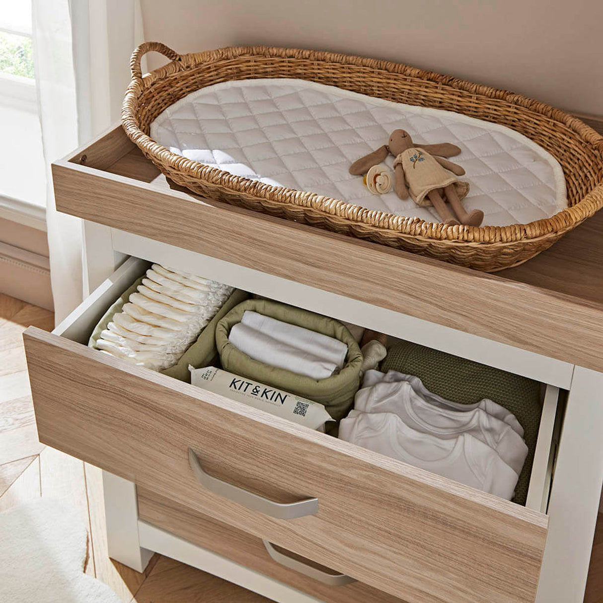 CuddleCo Ada 3 Piece Nursery Furniture Set with Cot Bed, Dresser and Wardrobe - White & Ash