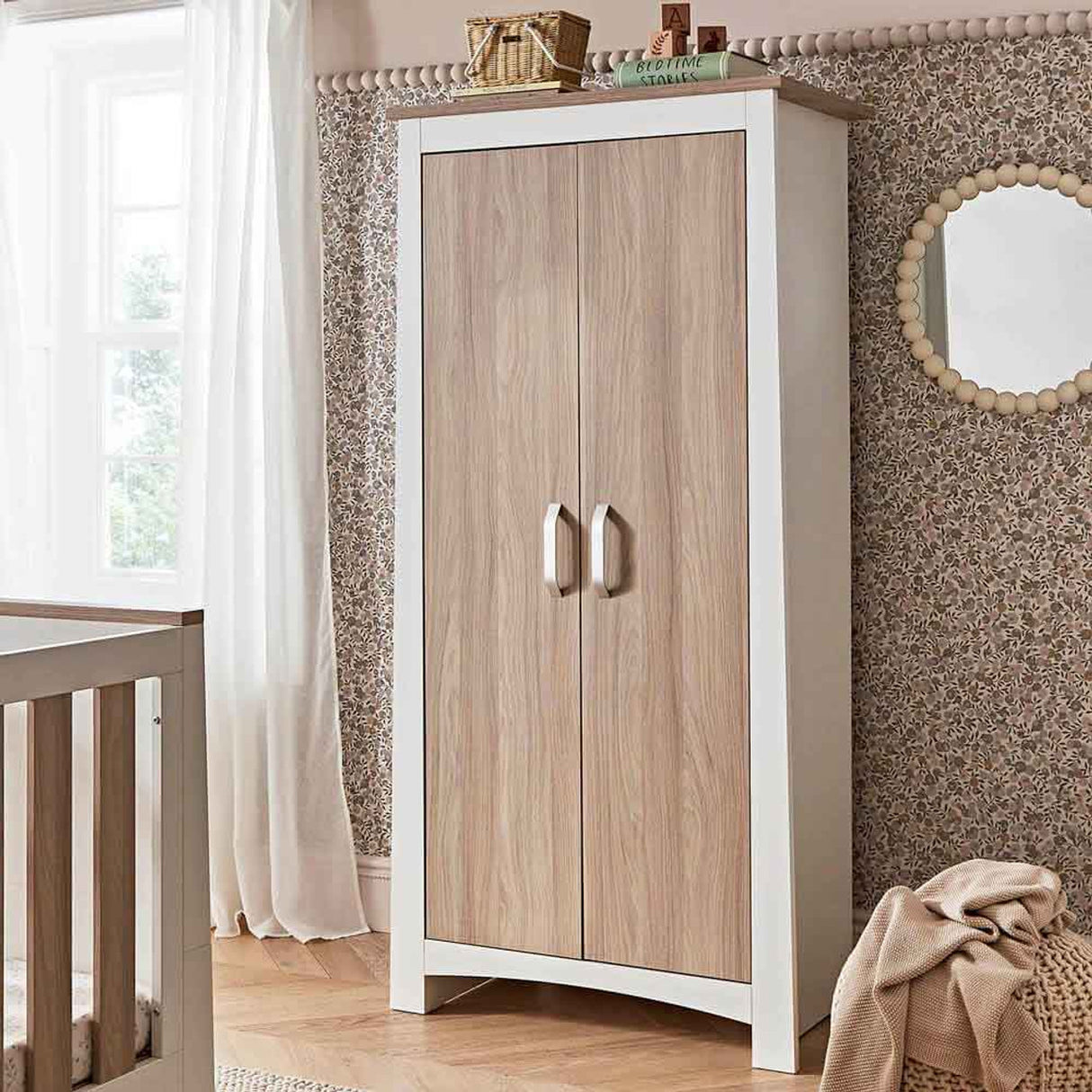 CuddleCo Ada 3 Piece Nursery Furniture Set with Cot Bed, Dresser and Wardrobe - White & Ash