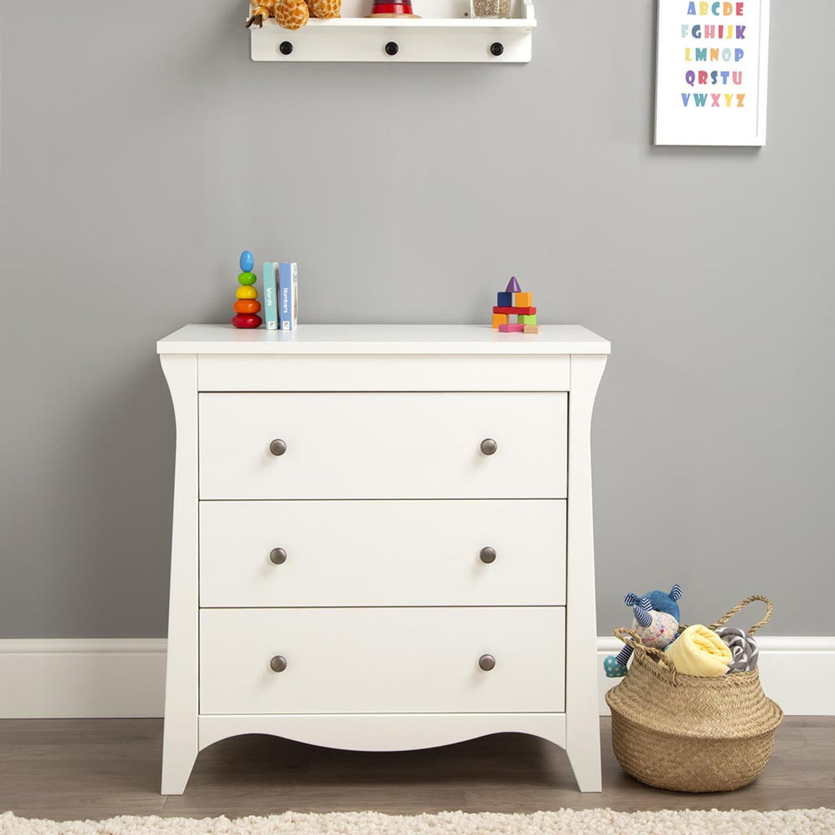 CuddleCo Clara 3 Piece Nursery Furniture Set with Cot Bed, Dresser and Wardrobe - White