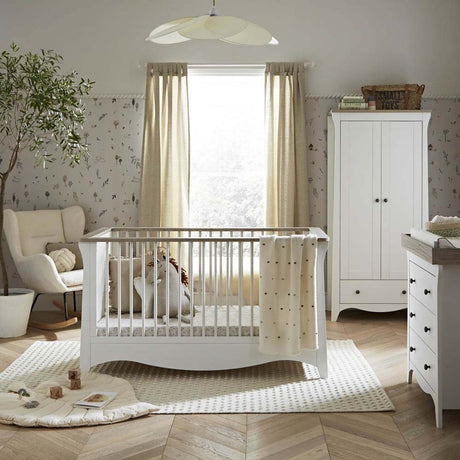 CuddleCo Clara 3 Piece Nursery Furniture Set with Cot Bed, Dresser and Wardrobe - White & Ash