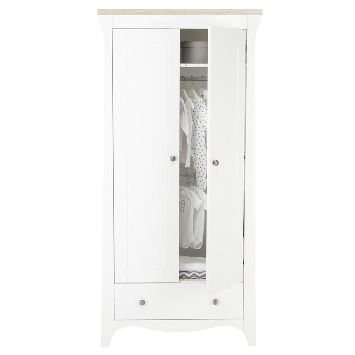 CuddleCo Clara 3 Piece Nursery Furniture Set with Cot Bed, Dresser and Wardrobe - White & Ash