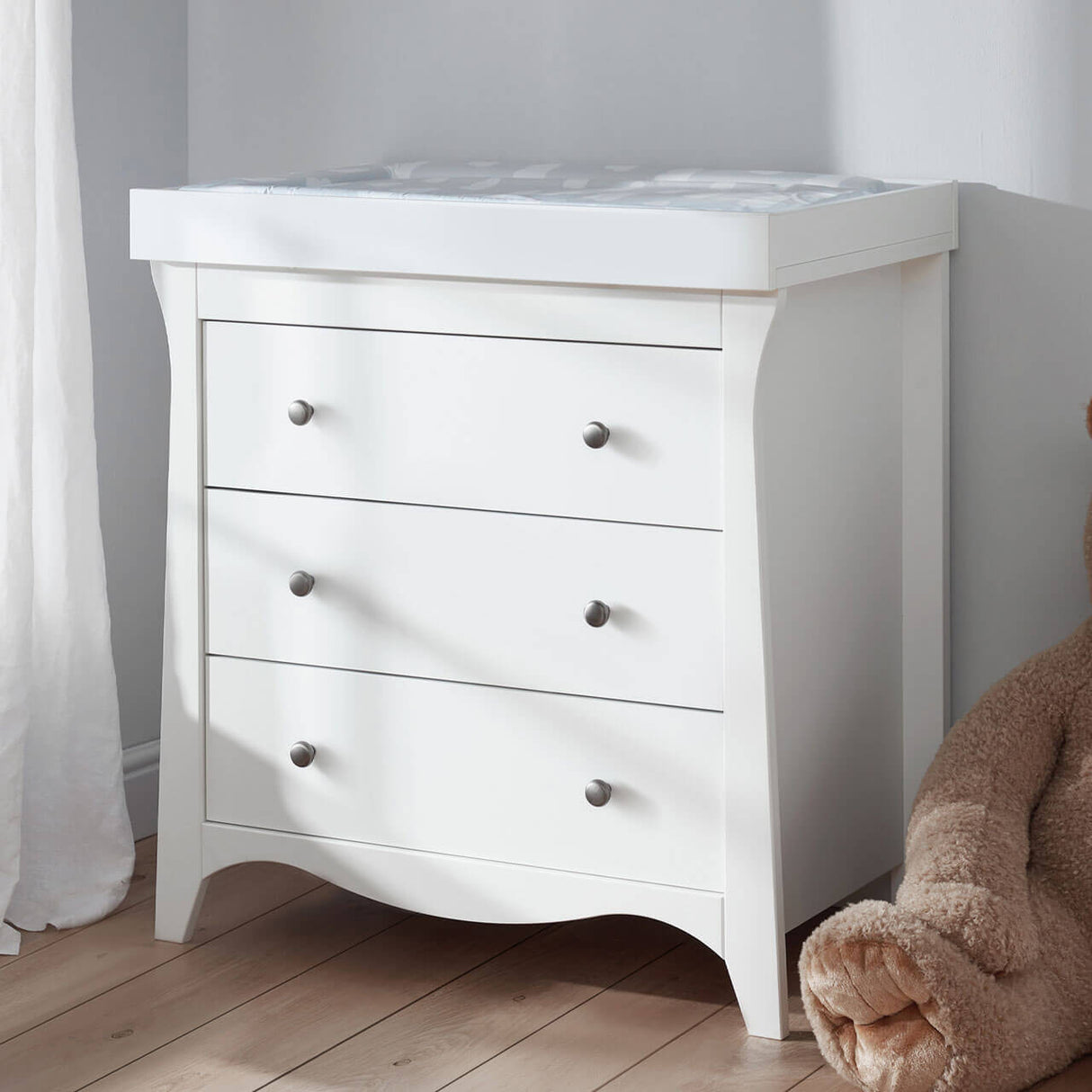 CuddleCo Clara 3 Piece Nursery Furniture Set with Cot Bed, Dresser and Wardrobe - White