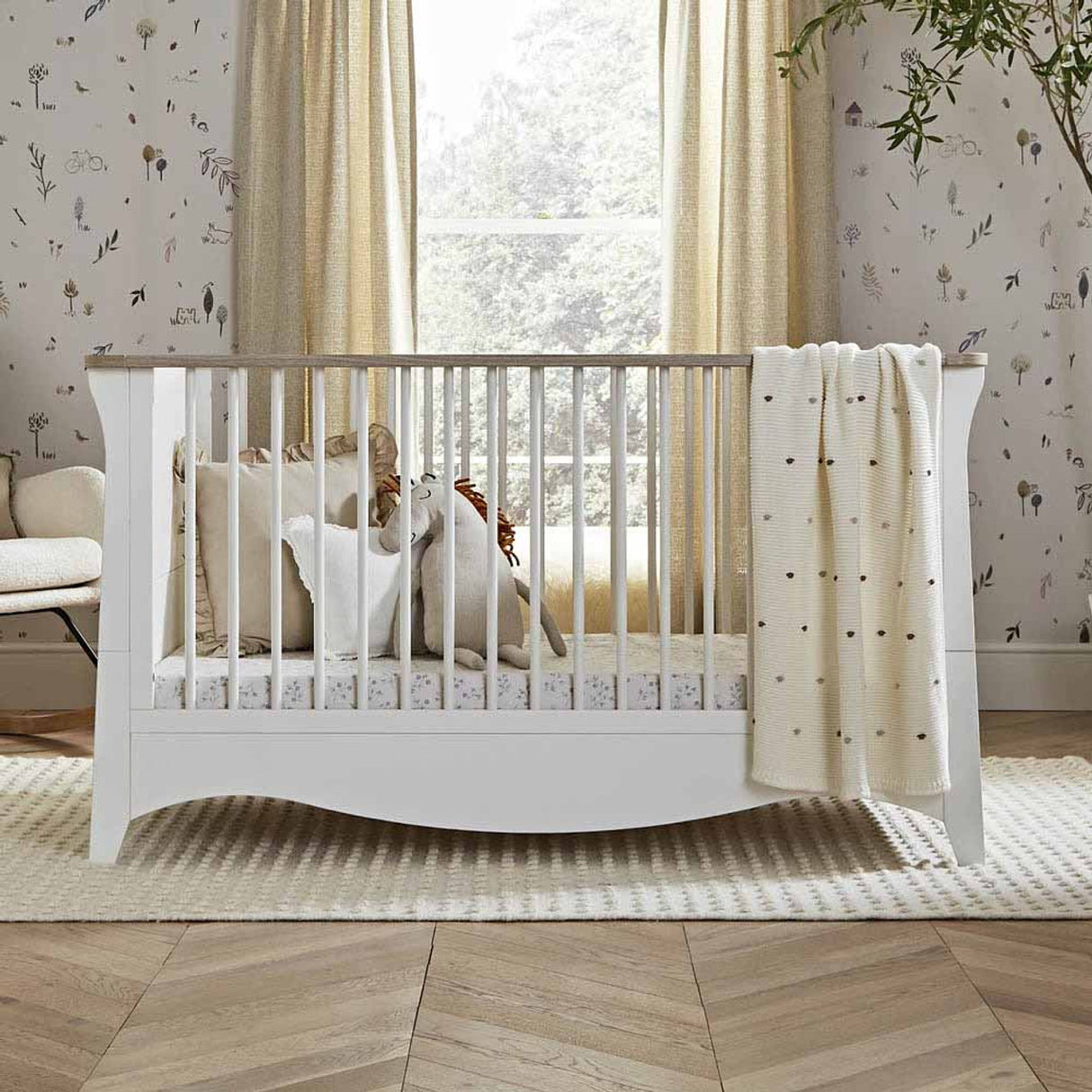 CuddleCo Clara 3 Piece Nursery Furniture Set with Cot Bed, Dresser and Wardrobe - White & Ash