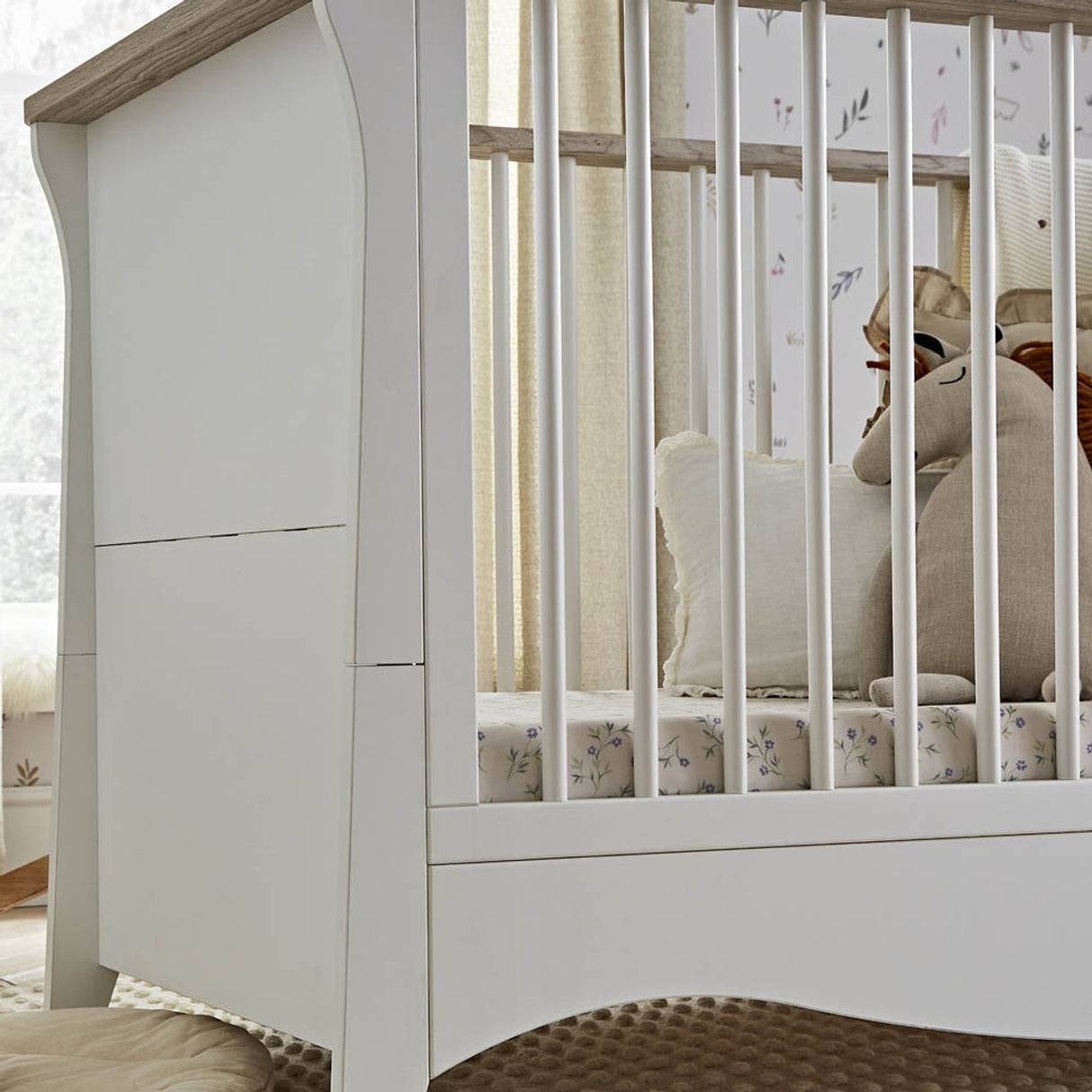 CuddleCo Clara 3 Piece Nursery Furniture Set with Cot Bed, Dresser and Wardrobe - White & Ash