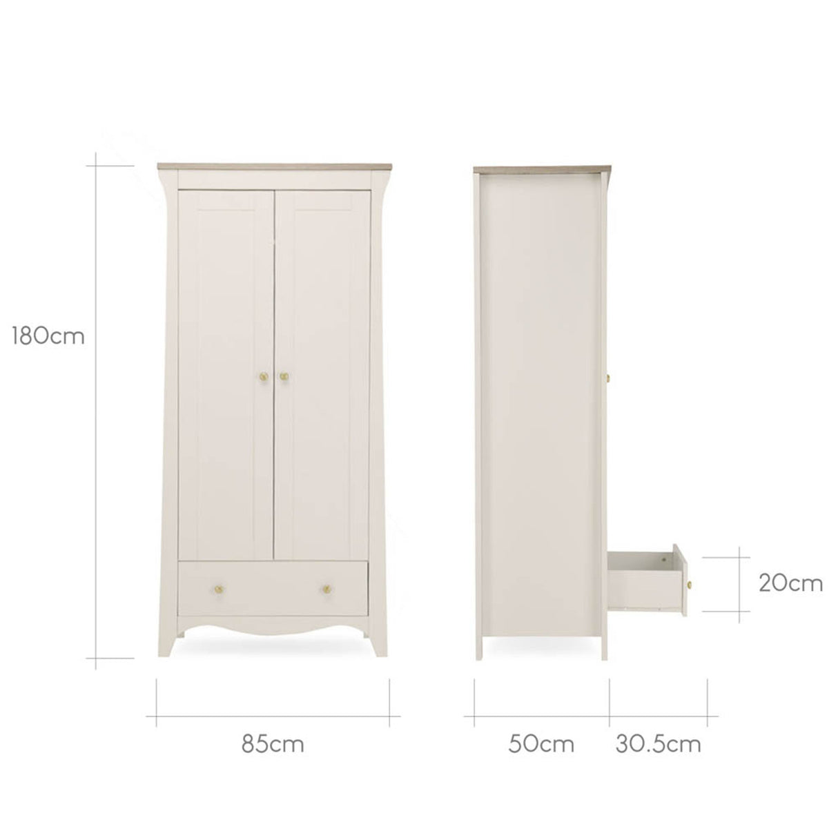 CuddleCo Clara 3 Piece Nursery Furniture Set with Cot Bed, Dresser and Wardrobe - Cashmere