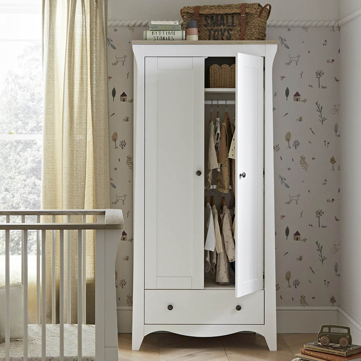 CuddleCo Clara 3 Piece Nursery Furniture Set with Cot Bed, Dresser and Wardrobe - White & Ash