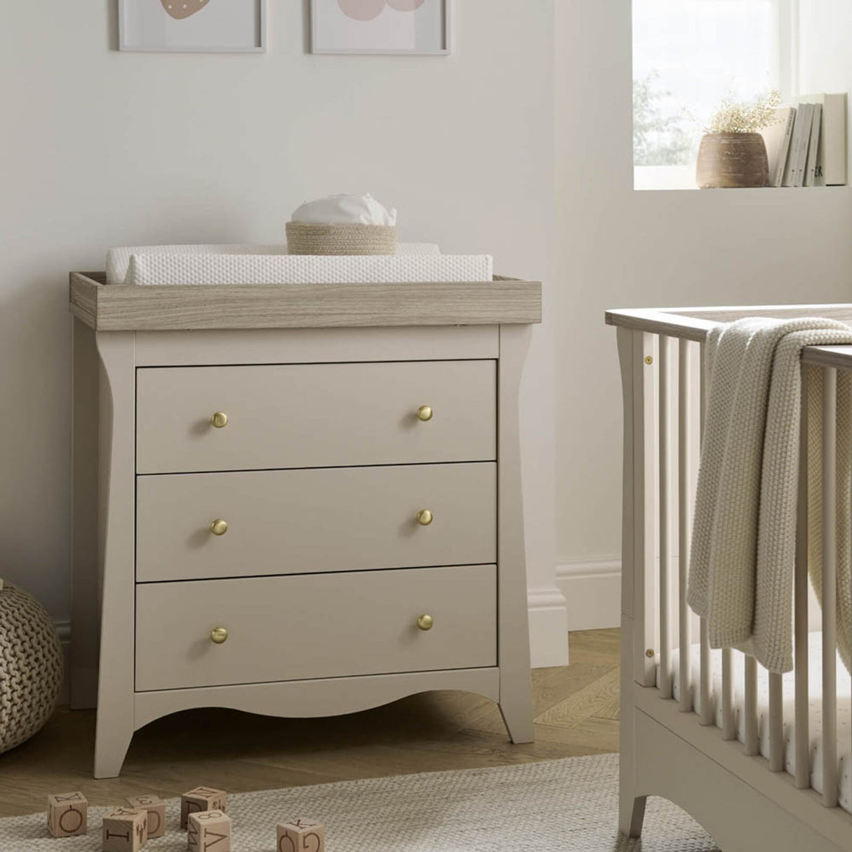 CuddleCo Clara 3 Piece Nursery Furniture Set with Cot Bed, Dresser and Wardrobe - Cashmere