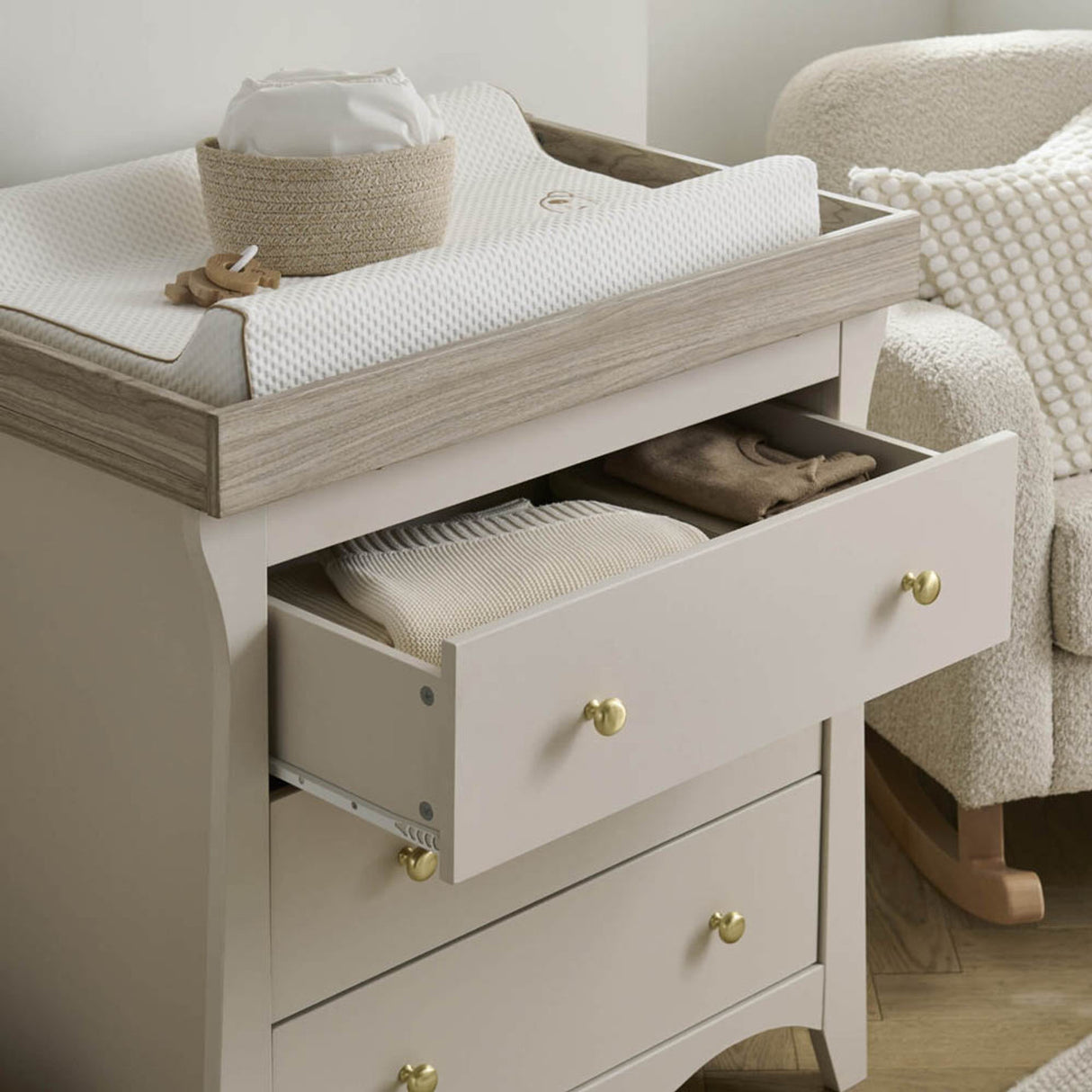 CuddleCo Clara 3 Piece Nursery Furniture Set with Cot Bed, Dresser and Wardrobe - Cashmere
