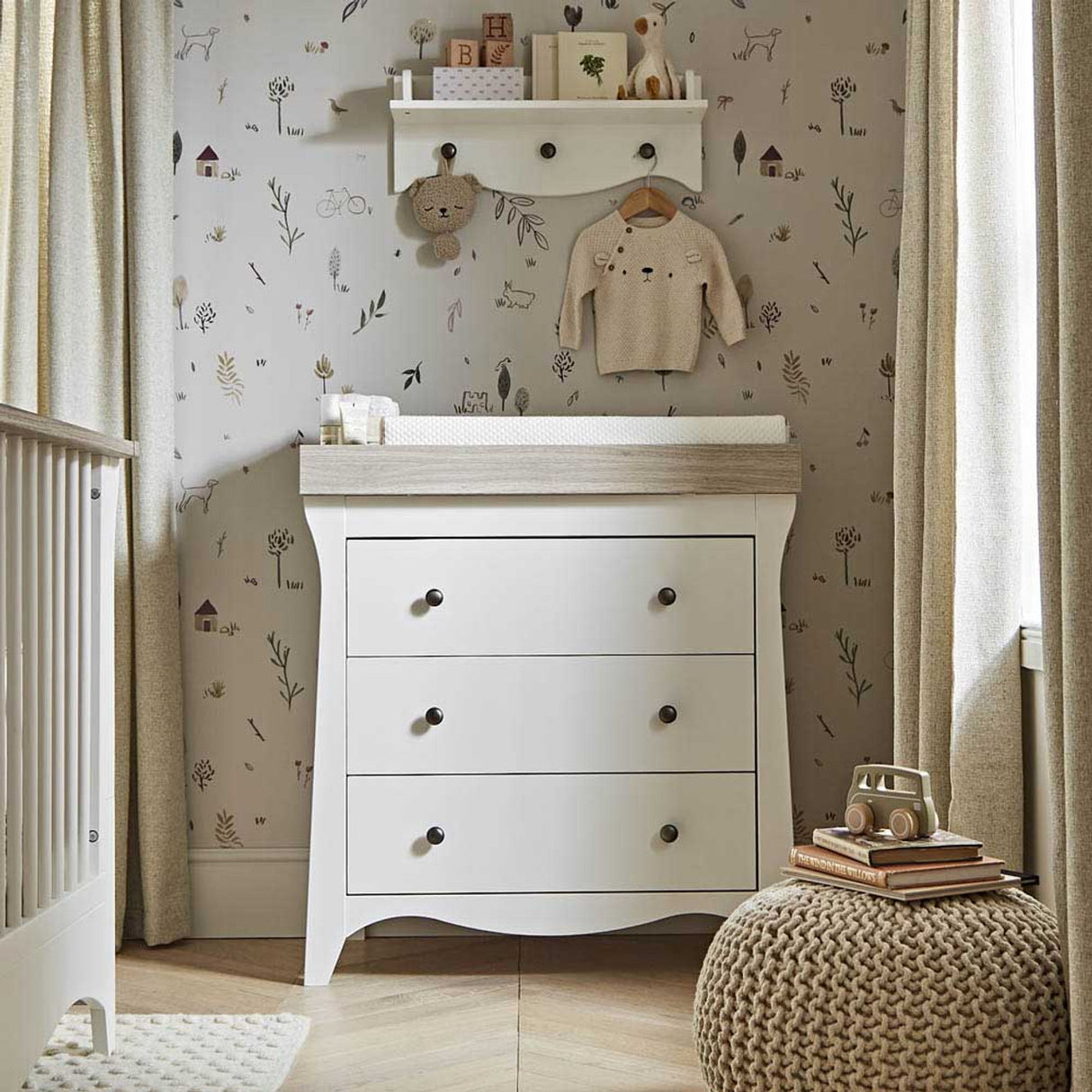 CuddleCo Clara 3 Piece Nursery Furniture Set with Cot Bed, Dresser and Wardrobe - White & Ash