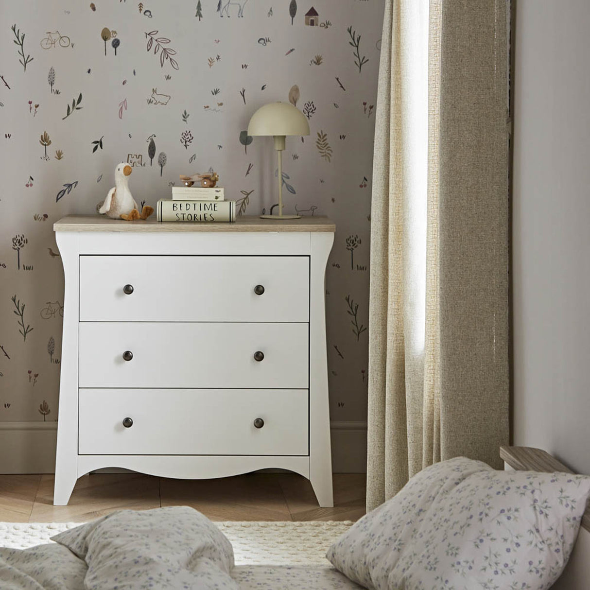 CuddleCo Clara 3 Piece Nursery Furniture Set with Cot Bed, Dresser and Wardrobe - White & Ash