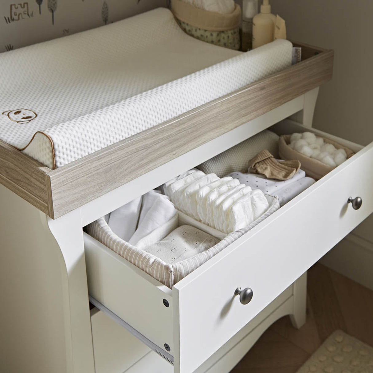 CuddleCo Clara 3 Piece Nursery Furniture Set with Cot Bed, Dresser and Wardrobe - White & Ash