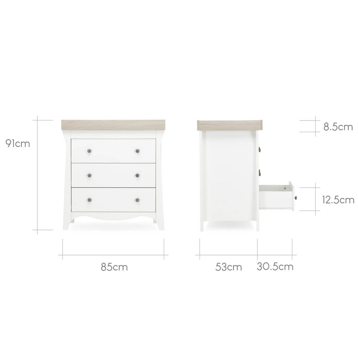 CuddleCo Clara 3 Piece Nursery Furniture Set with Cot Bed, Dresser and Wardrobe - White & Ash