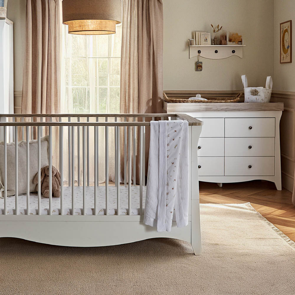 CuddleCo Clara Luxe 2 Piece Nursery Furniture Set with Cot Bed and Dresser - White & Ash