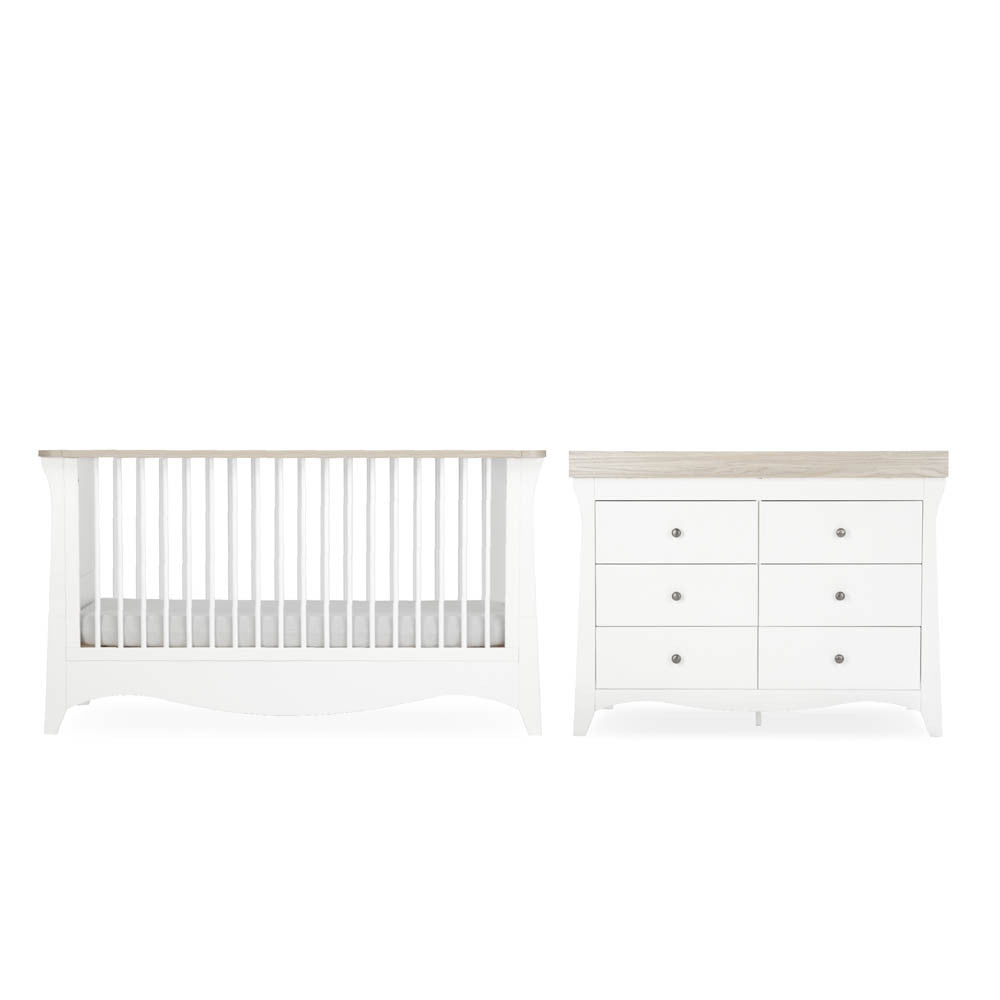 CuddleCo Clara Luxe 2 Piece Nursery Furniture Set with Cot Bed and Dresser - White & Ash