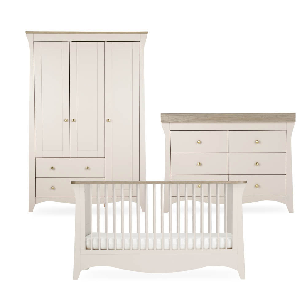CuddleCo Clara Luxe 3 Piece Nursery Furniture Set with Cot Bed, Dresser & Wardrobe - Cashmere & Ash