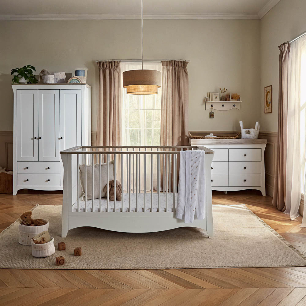 CuddleCo Clara Luxe 3 Piece Nursery Furniture Set with Cot Bed, Dresser & Wardrobe - White & Ash