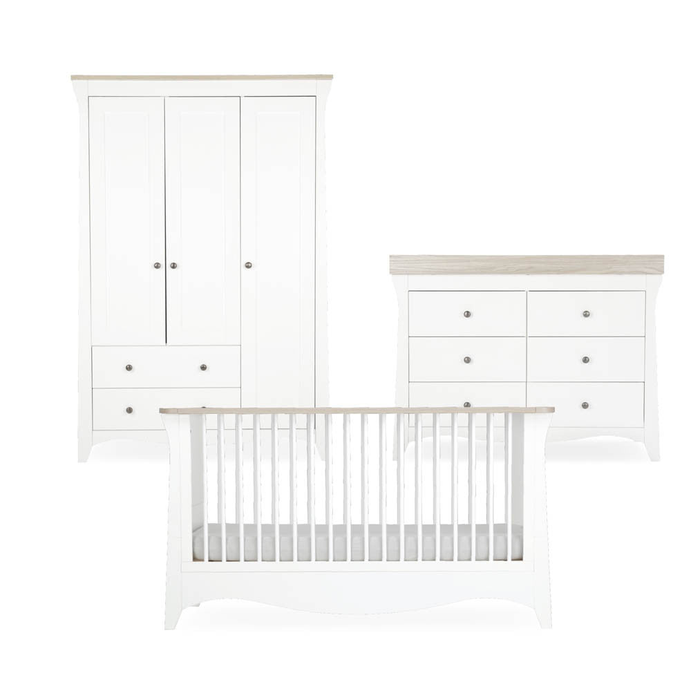 CuddleCo Clara Luxe 3 Piece Nursery Furniture Set with Cot Bed, Dresser & Wardrobe - White & Ash