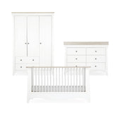 CuddleCo Clara Luxe 3 Piece Nursery Furniture Set with Cot Bed, Dresser & Wardrobe - White & Ash
