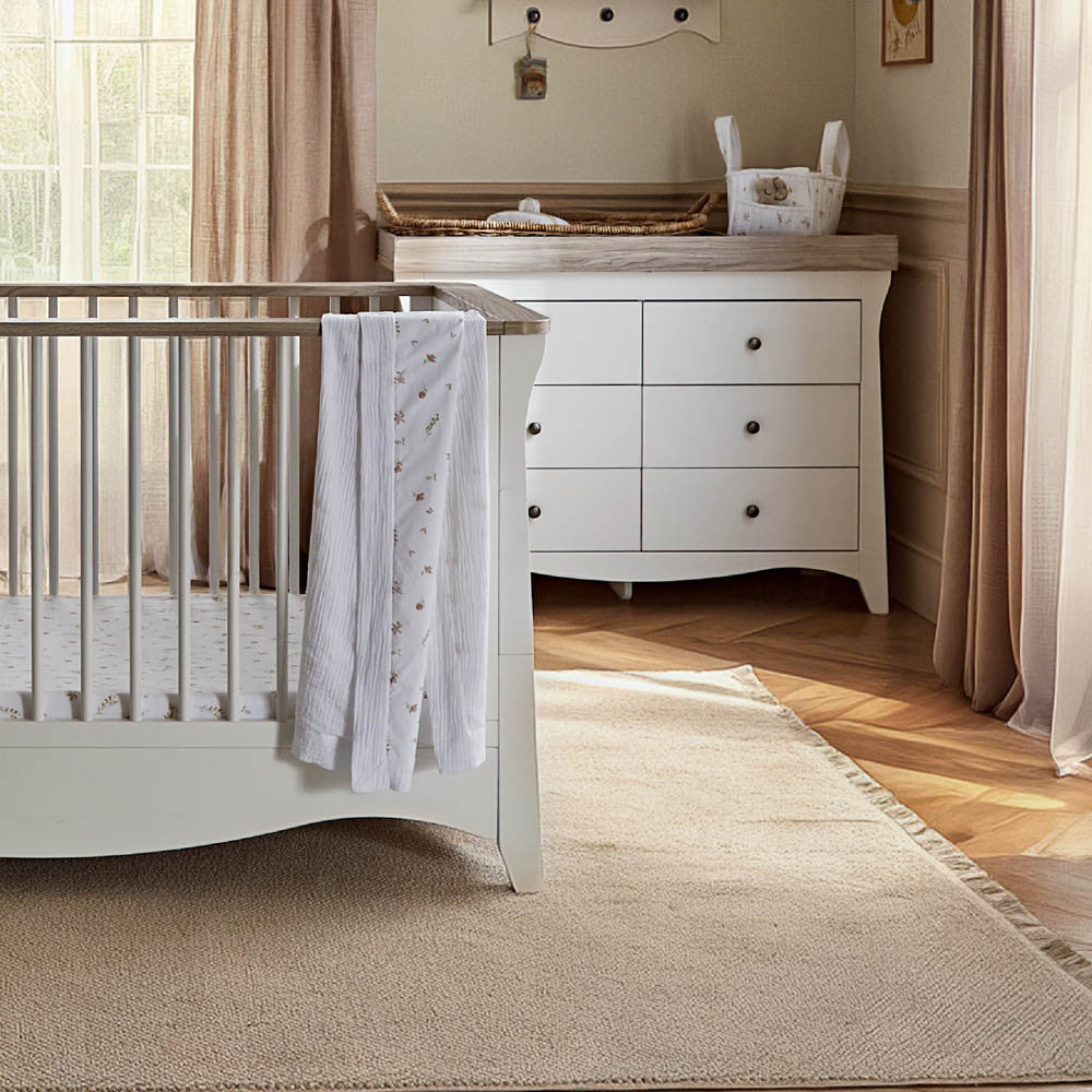 CuddleCo Clara Luxe 3 Piece Nursery Furniture Set with Cot Bed, Dresser & Wardrobe - White & Ash