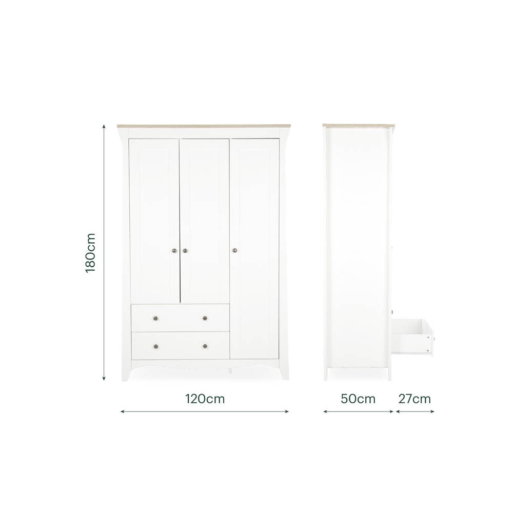 CuddleCo Clara Luxe 3 Piece Nursery Furniture Set with Cot Bed, Dresser & Wardrobe - White & Ash