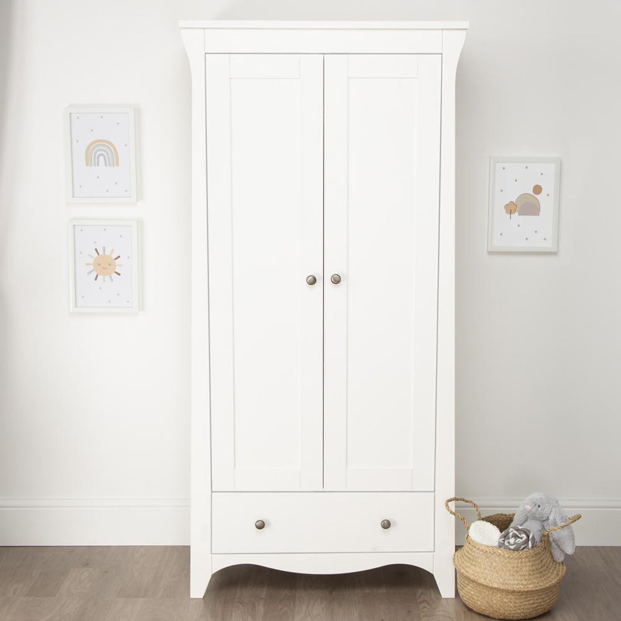 CuddleCo Clara 3 Piece Nursery Furniture Set with Cot Bed, Dresser and Wardrobe - White