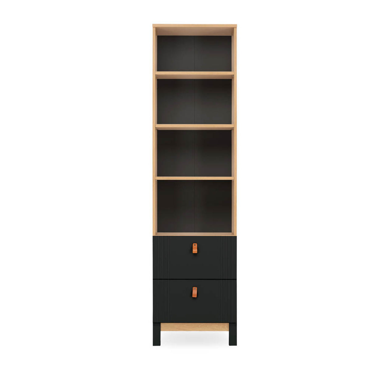 CuddleCo Rafi 4 Piece Nursery Furniture Set with Cot Bed, Dresser, Wardrobe and Bookcase - Oak & Black