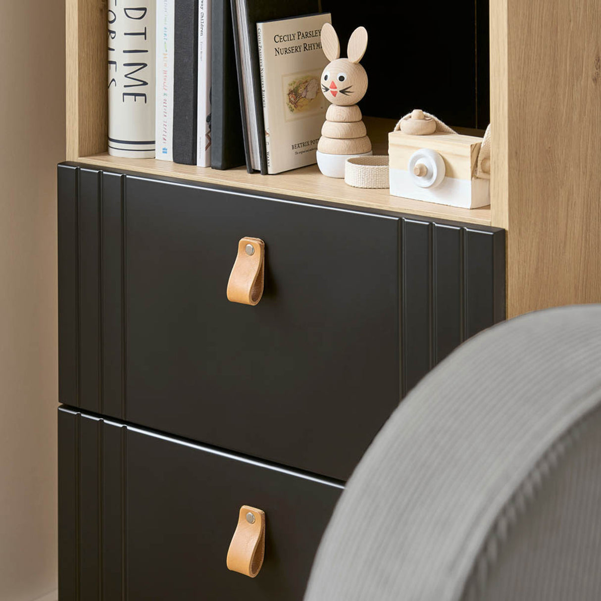 CuddleCo Rafi 4 Piece Nursery Furniture Set with Cot Bed, Dresser, Wardrobe and Bookcase - Oak & Black
