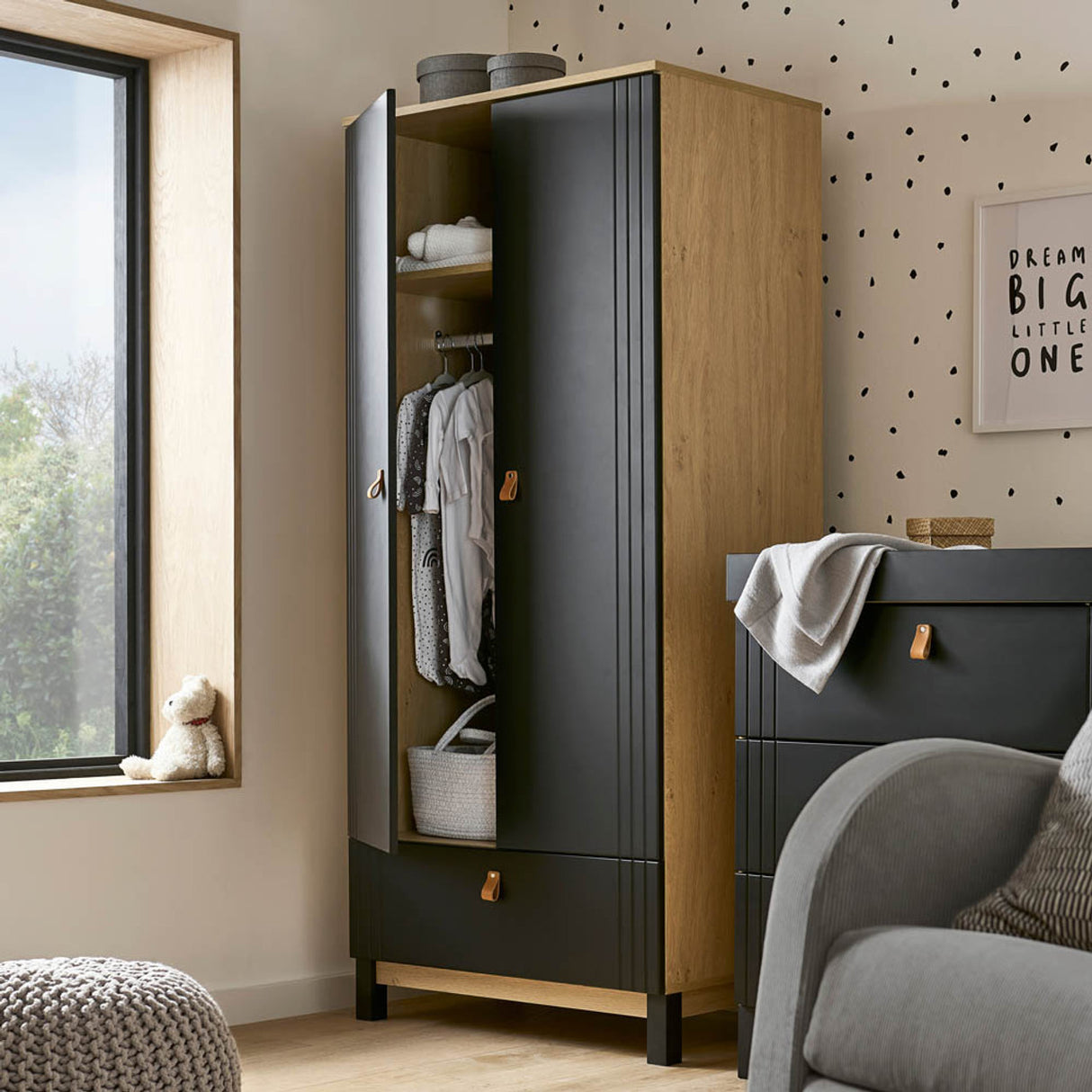 CuddleCo Rafi 4 Piece Nursery Furniture Set with Cot Bed, Dresser, Wardrobe and Bookcase - Oak & Black
