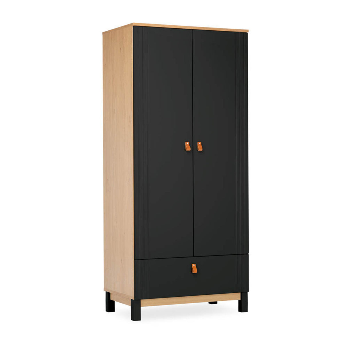 CuddleCo Rafi 4 Piece Nursery Furniture Set with Cot Bed, Dresser, Wardrobe and Bookcase - Oak & Black