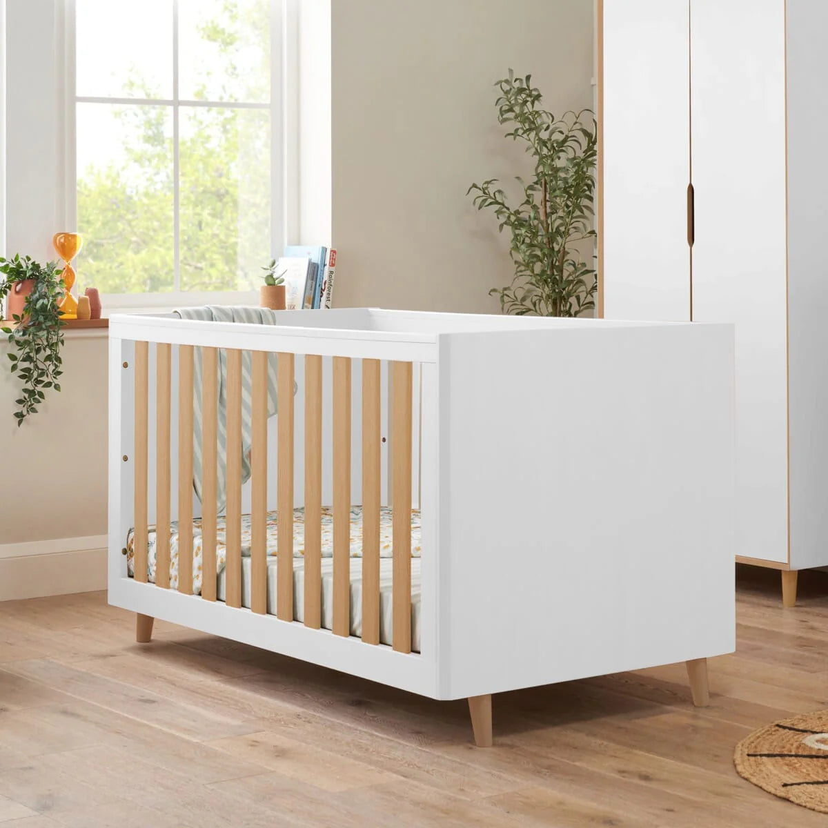 Tutti Bambini Fika 3 Piece Nursery Furniture Set with Cot Bed, Dresser & Wardrobe - White & Light Oak