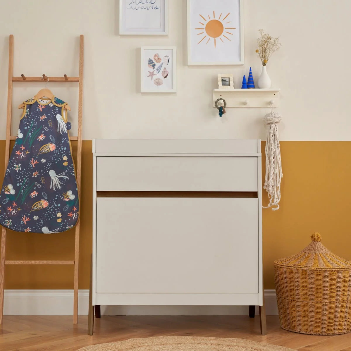 Tutti Bambini Fuori Mini 3 Piece Nursery Furniture Set with Cot Bed, Dresser & Wardrobe - White Sand / Warm Walnut